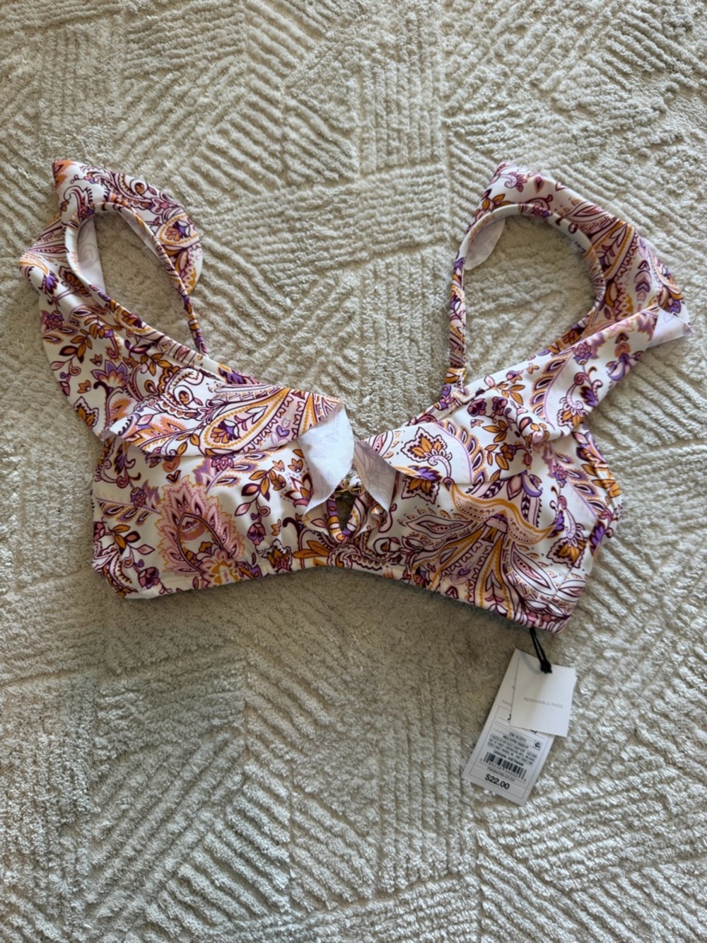 Shade & Shore Paisley Bikini Top XS Pink Purple Ruffle Strap Tie Front NWT